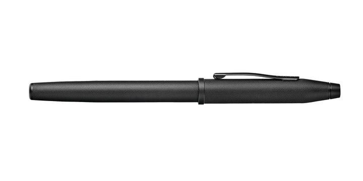 Black rollerball pen capped end with pocket clip and smooth barrel section