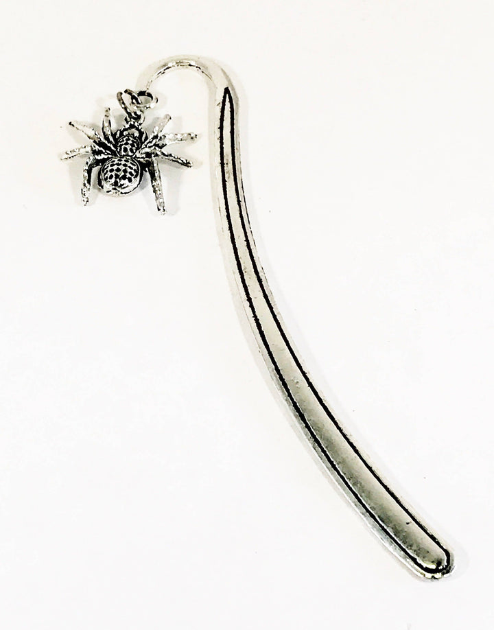 Silver spider bookmark with arched metal spine and top spider charm
