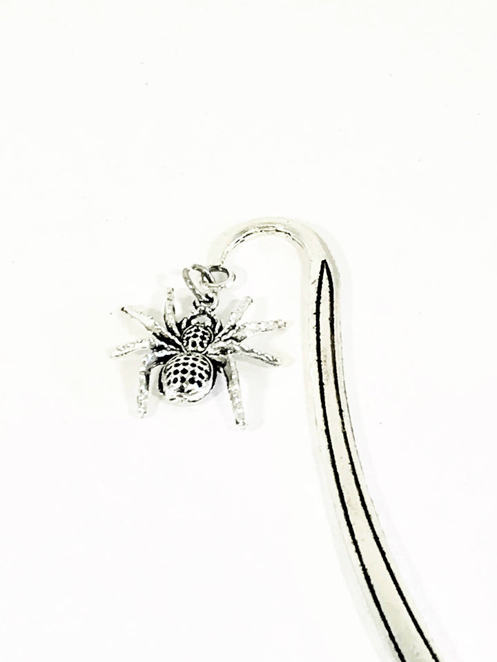 Spider bookmark with silver-tone arched metal clip and hanging spider charm