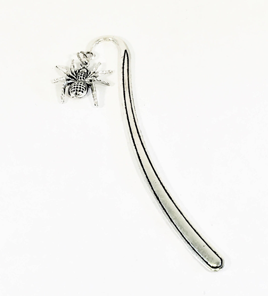 Silver-tone spider bookmark with long arched edge and spider charm