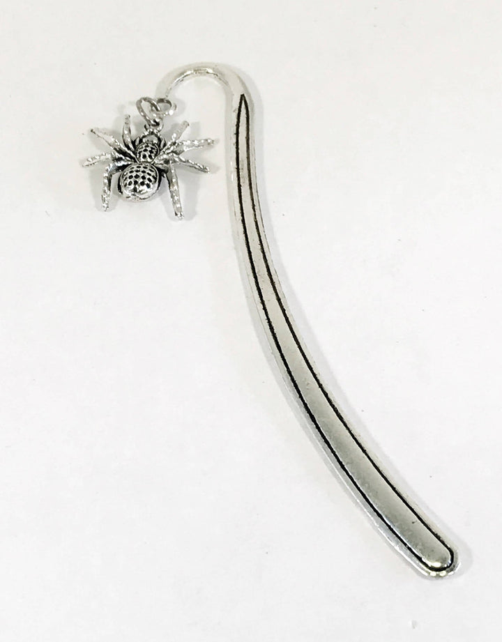 Arched metal spider bookmark with hanging spider charm, silver finish