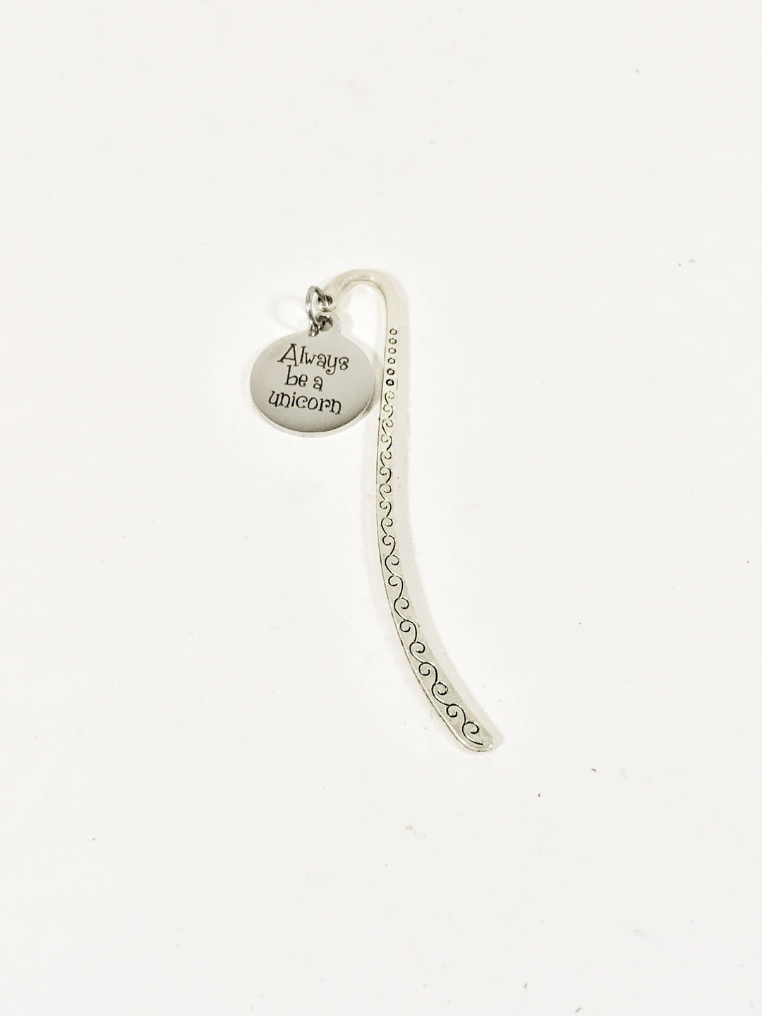 Silver heart charm bookmark with 'Always be a unicorn' and long filigree chain