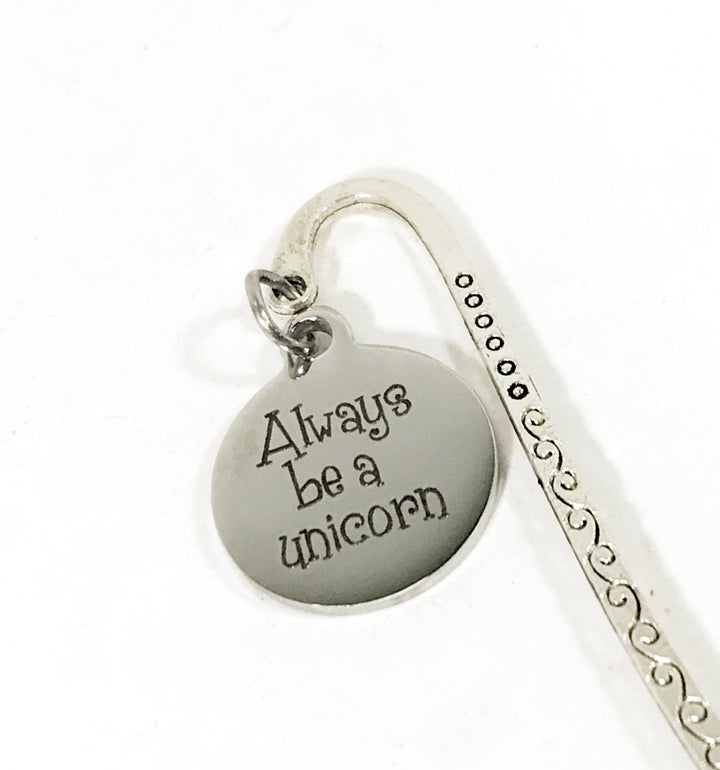 Silver heart bookmark with 'Always be a unicorn' text and curved chain loop