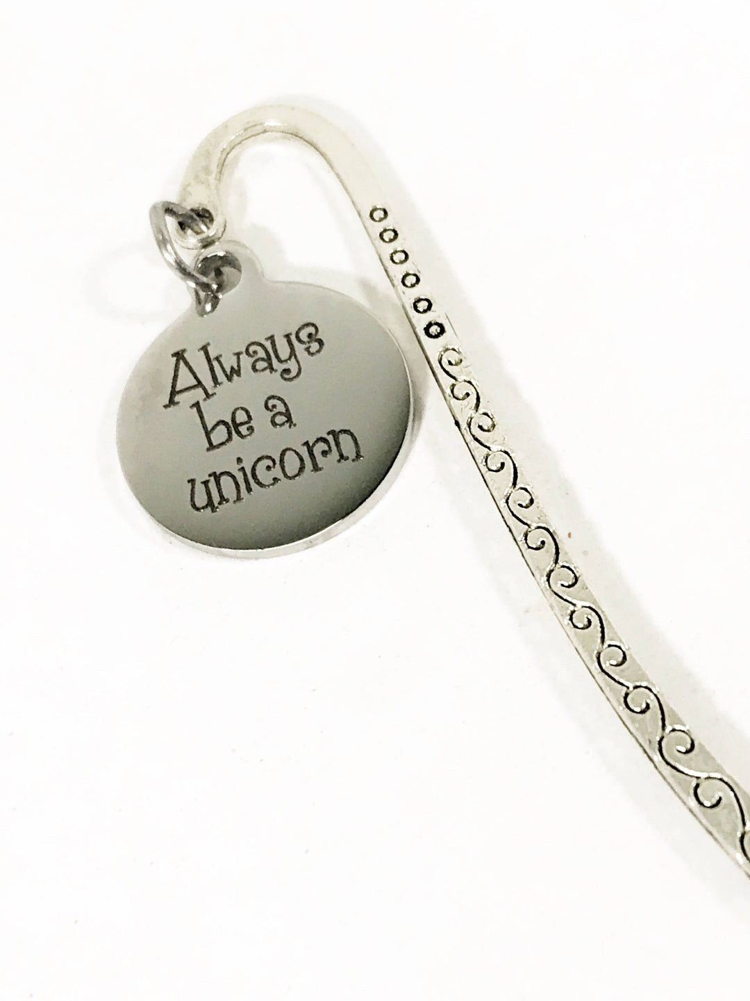 Silver heart bookmark charm with 'Always be a unicorn' on filigree chain
