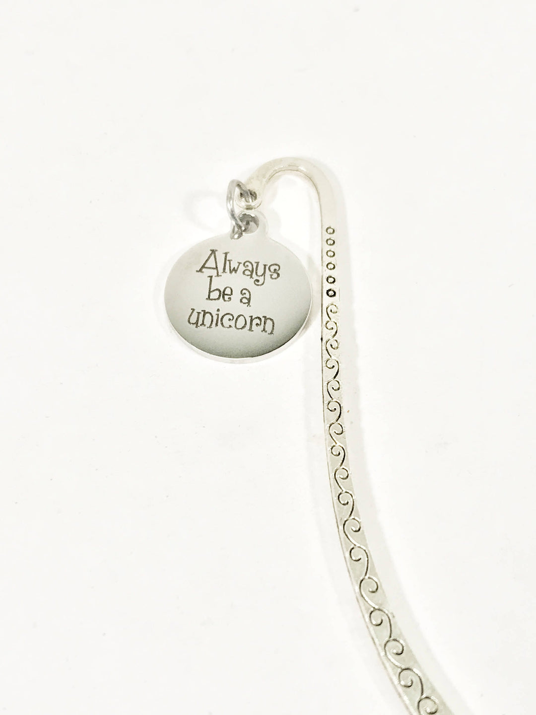 Silver heart charm bookmark with 'Always be a unicorn' and decorative chain