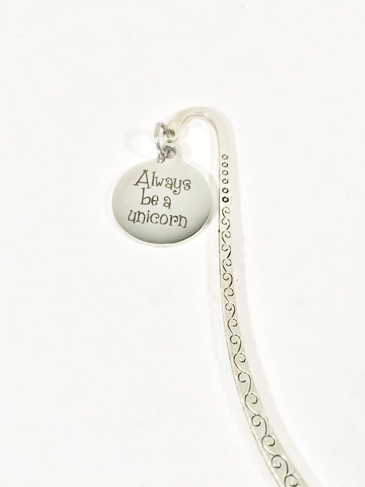 Silver heart charm bookmark with 'Always be a unicorn' and decorative chain
