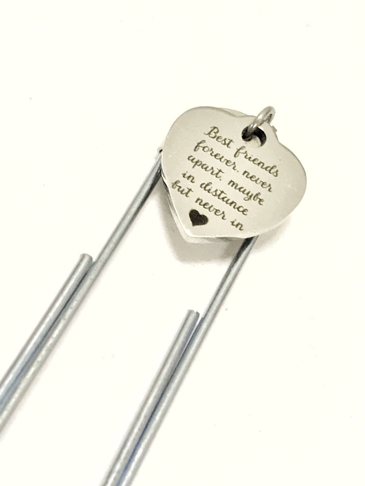 Heart tag paper clip bookmark with engraved quote on the metal loop