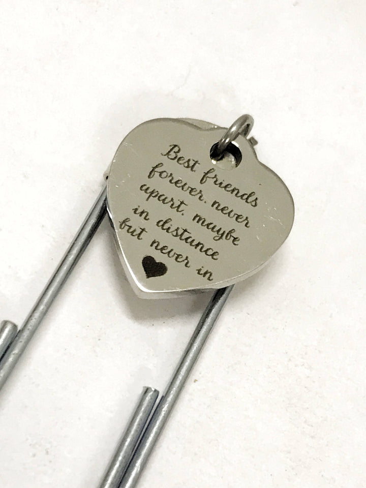 Heart tag paper clip bookmark with engraved message and two metal prongs