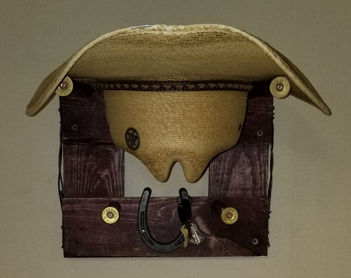 Horizontal wall-hanging western organizer with tan hat pocket, dark wood front, rope loops