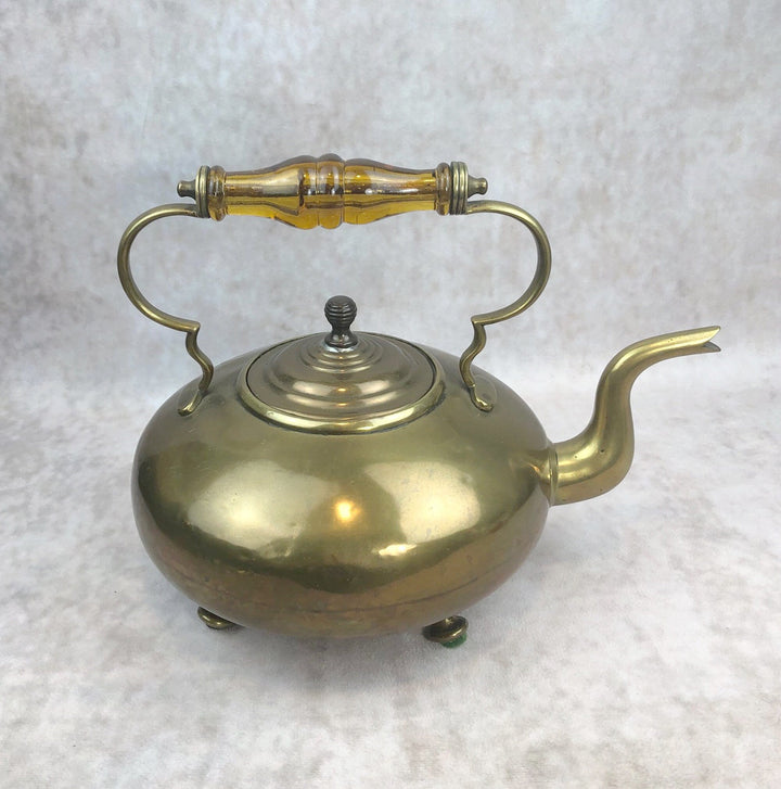 Antique Brass Kettle with Yellow Glass Handle—Vintage Decor