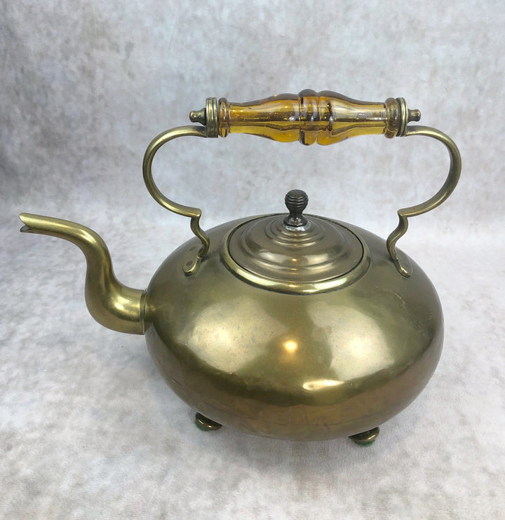 Antique Brass Kettle with Yellow Glass Handle—Vintage Decor