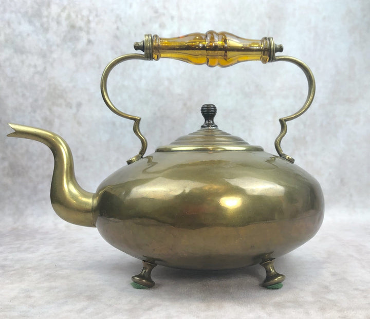 Antique Brass Kettle with Yellow Glass Handle—Vintage Decor