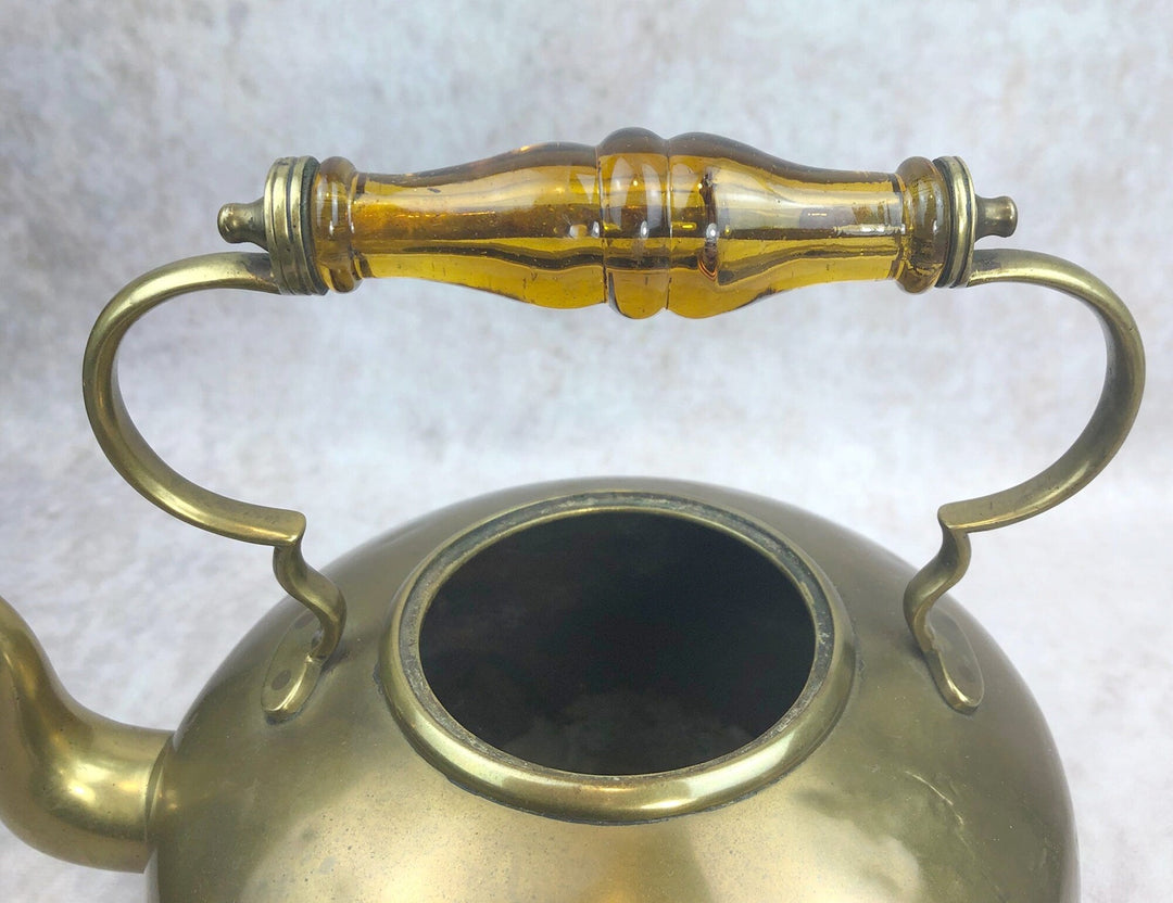 Antique Brass Kettle with Yellow Glass Handle—Vintage Decor
