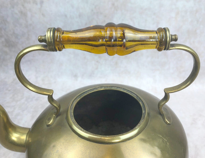 Antique Brass Kettle with Yellow Glass Handle—Vintage Decor