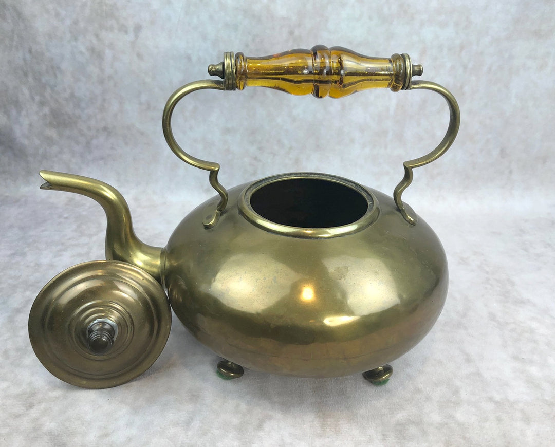 Antique Brass Kettle with Yellow Glass Handle—Vintage Decor