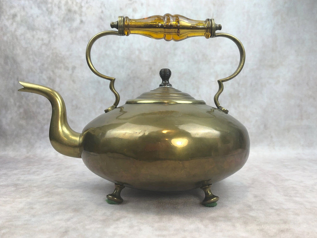 Antique Brass Kettle with Yellow Glass Handle—Vintage Decor
