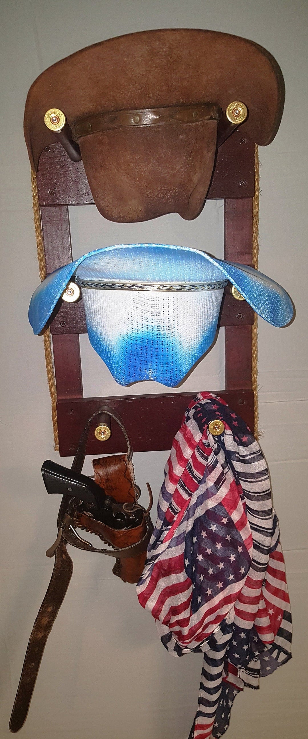 Wooden vertical wall organizer with hat slot pockets and U-shaped hooks