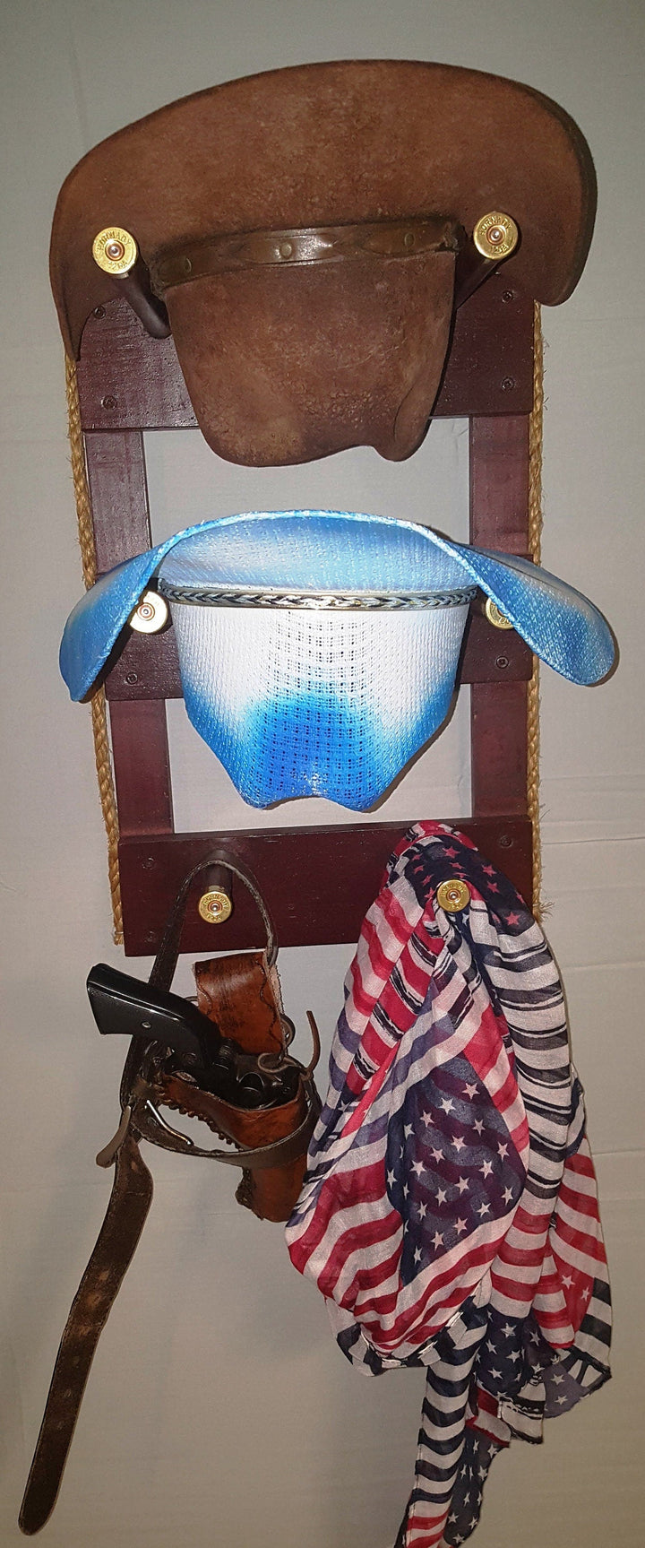 Wooden vertical wall organizer with hat slot pockets and U-shaped hooks
