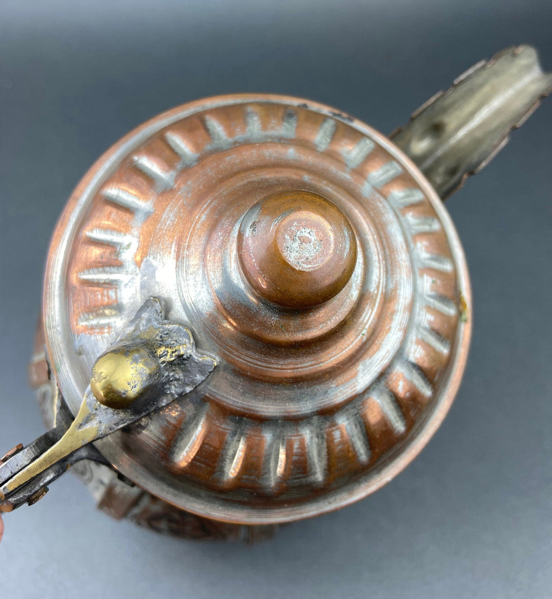 Copper Turkish coffee pot top plate and knob, embossed radial ridges and side spout