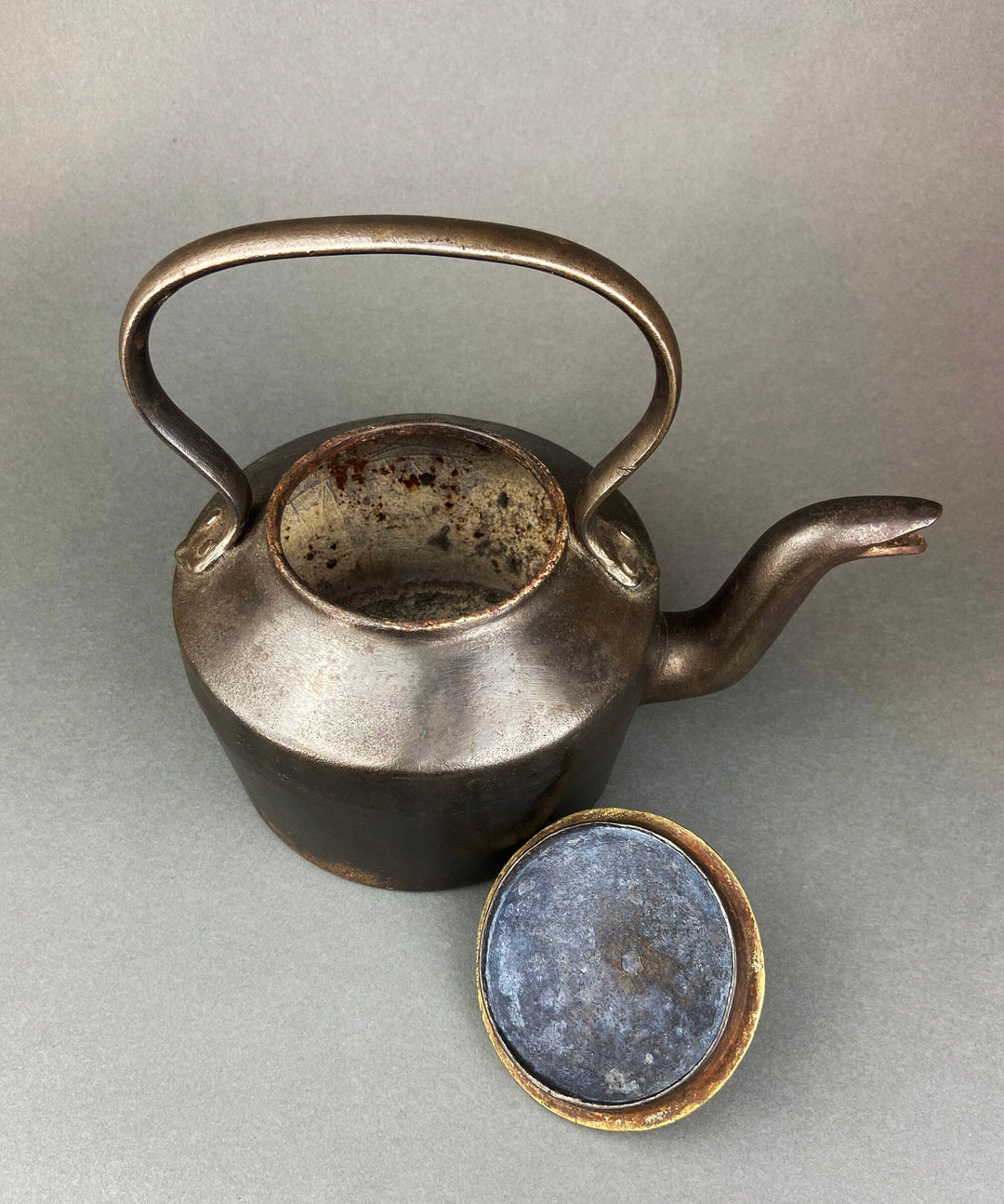 Antique Iron Kettle with Brass Lid
