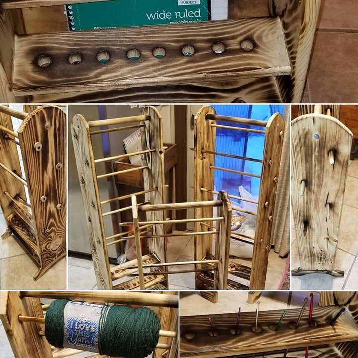 Wooden yarn holder with peg row and colorful metal yarn hooks