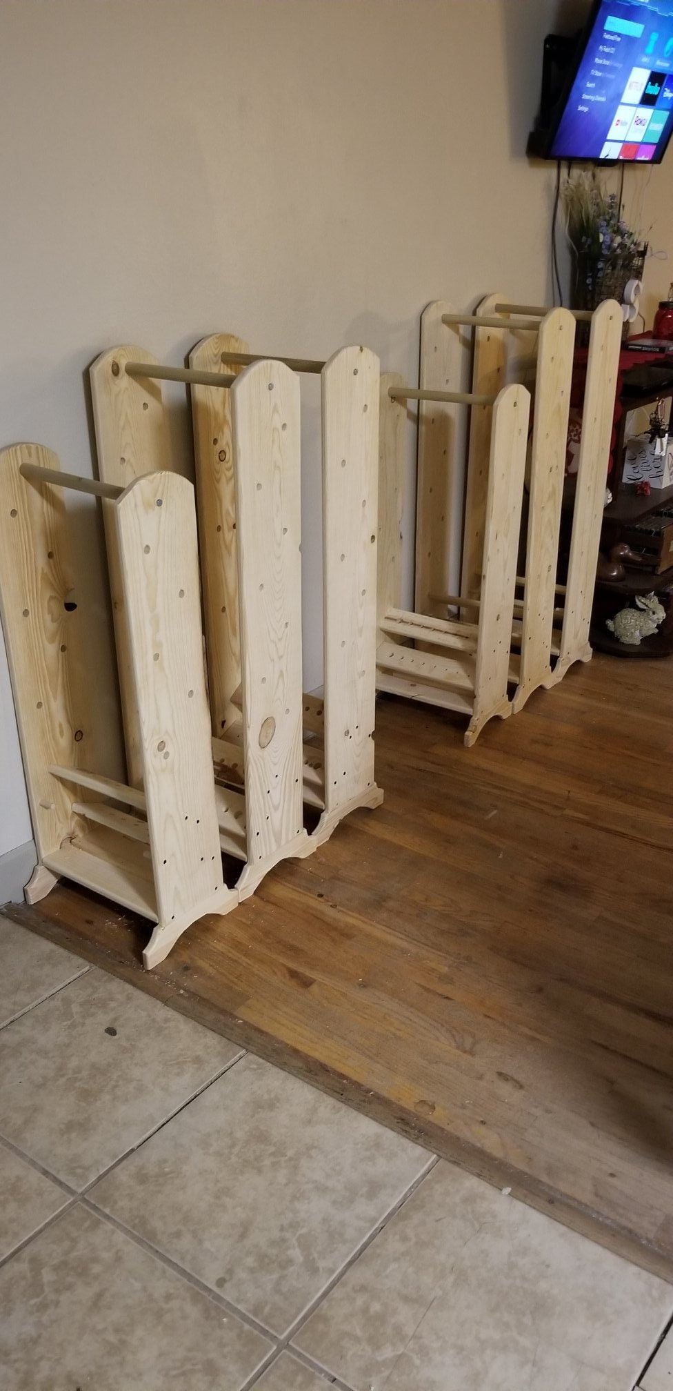 Light wood yarn holder organizer with multiple peg shelves and side panels