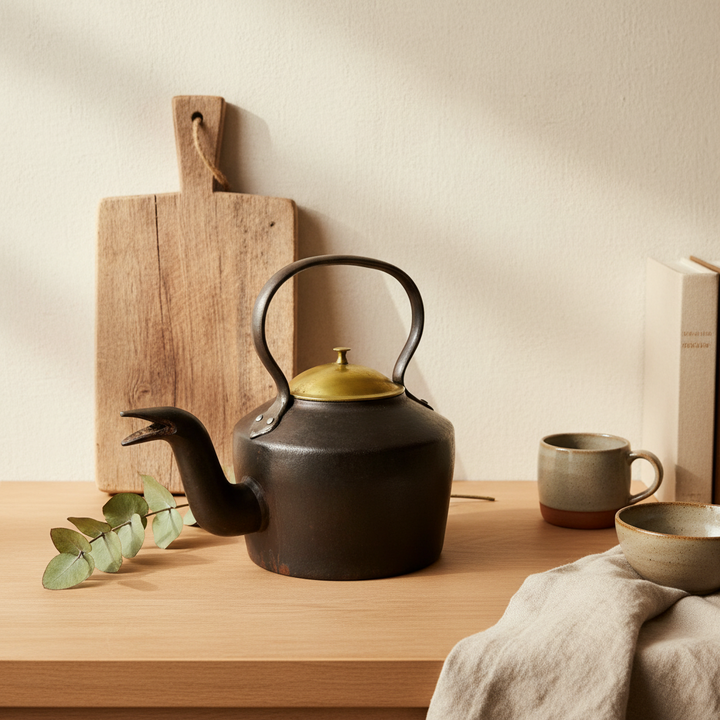 Antique Iron Kettle with Brass Lid