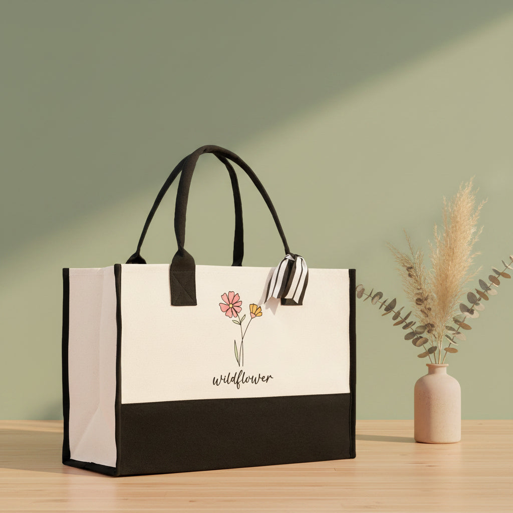 Floral Wildflower Cotton Canvas Tote Bag Mom Gift Mom Bag Mom Shopping Bag New Mom Gift Best Mom Ever Bag Boy Girl Mama Tote