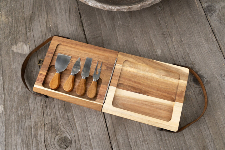 Acacia folding cutting board with leather handle, utensil slots and compartments with tools