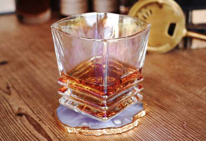 Iridescent lowball whiskey glass, square-cut sides and stacked ring base