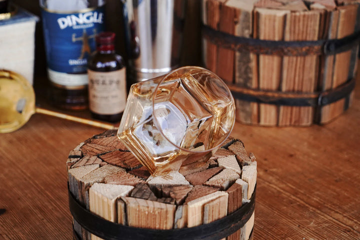 Amber diamond bourbon glass, faceted base and cut-glass sides