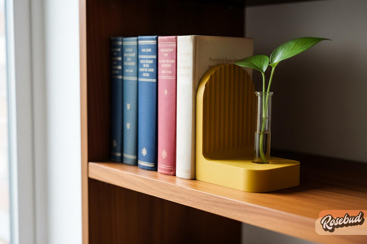 Gold ribbed arched bookend holding books on a shelf