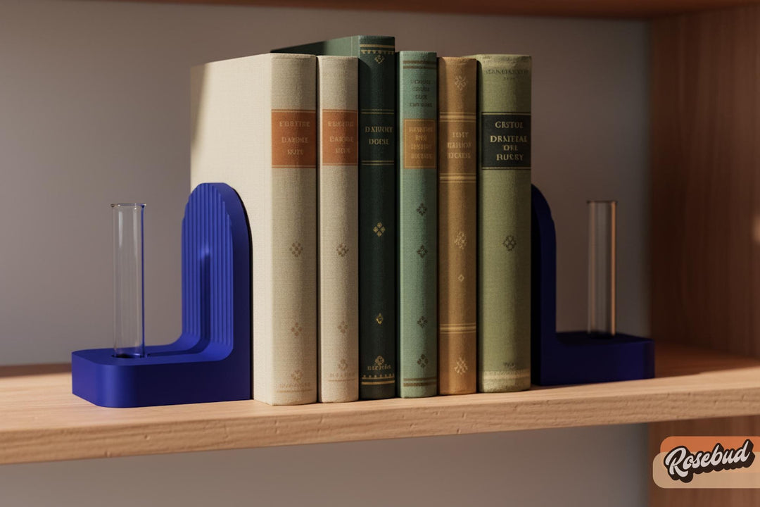 Ribbed bookend pair with arched fronts, dark green and blue book supports