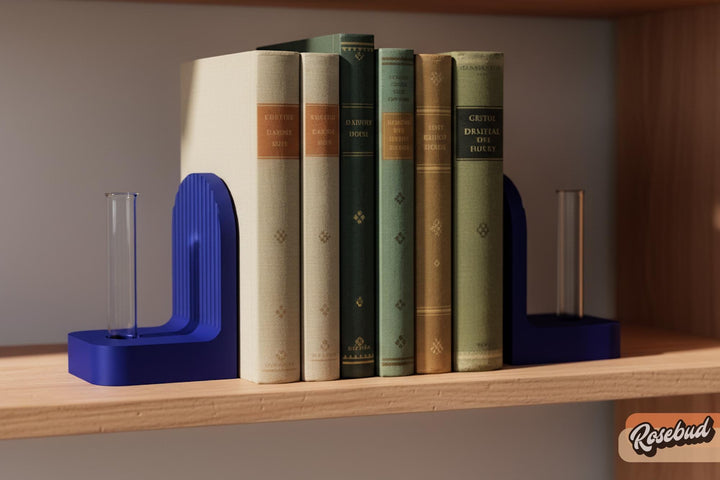 Ribbed bookend pair with arched fronts, dark green and blue book supports