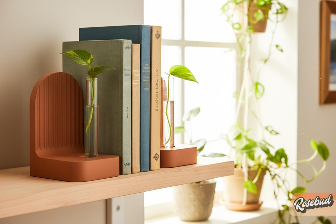 Terracotta ribbed arched bookend with a small plant in a vase
