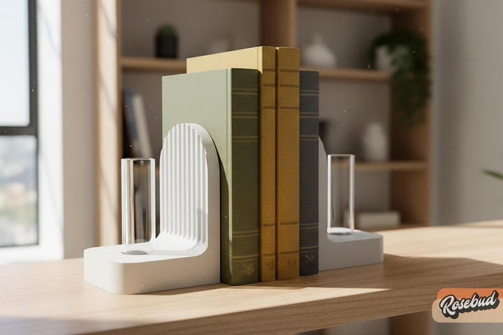 Ribbed bookend pair with arched fronts, gold and white on a shelf