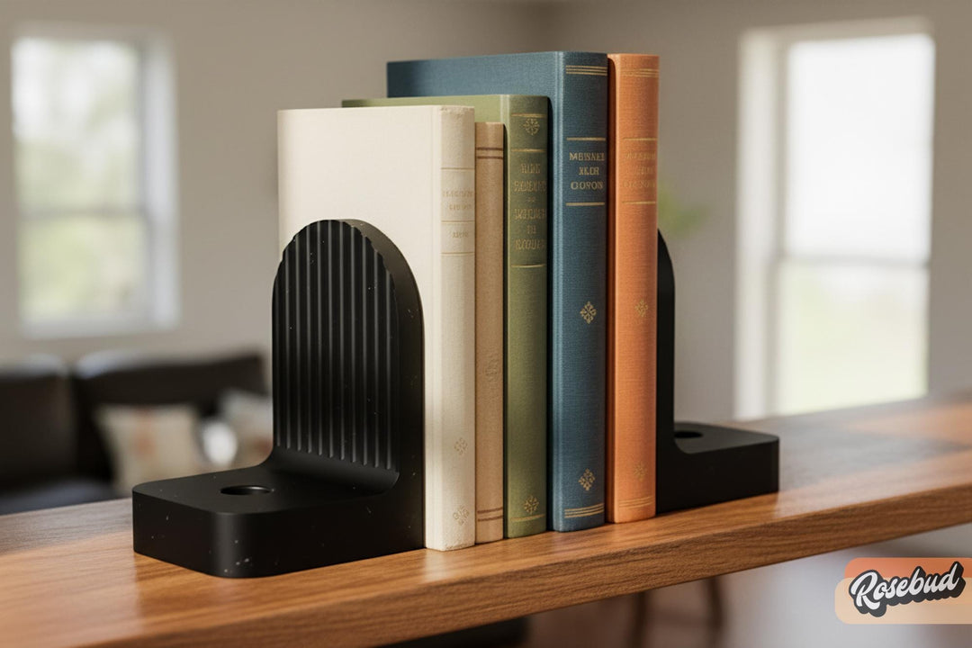 Ribbed bookend pair with arched fronts, black and multicolor on a shelf