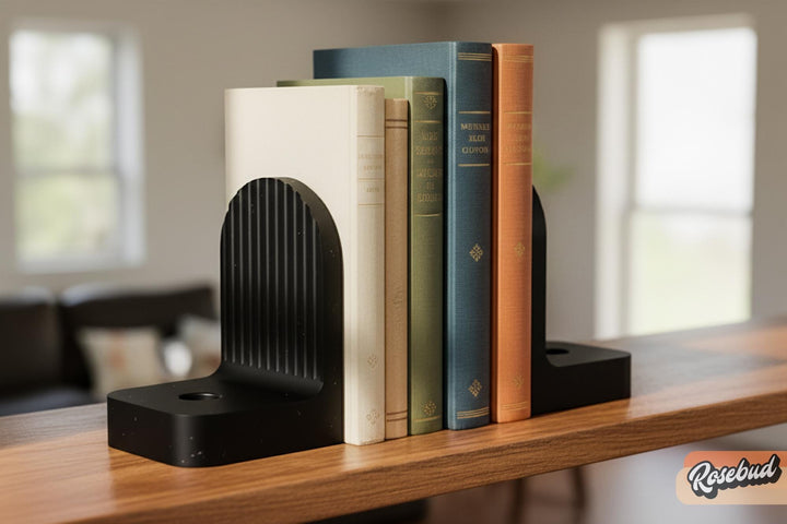 Ribbed bookend pair with arched fronts, black and multicolor on a shelf