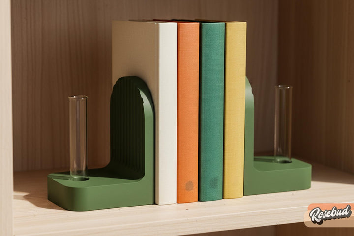 Ribbed bookend pair with arched fronts, dark green and orange on a shelf