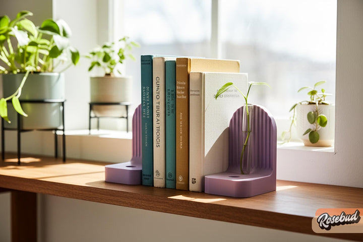 Ribbed bookend pair with arched fronts, purple and multicolor on a shelf