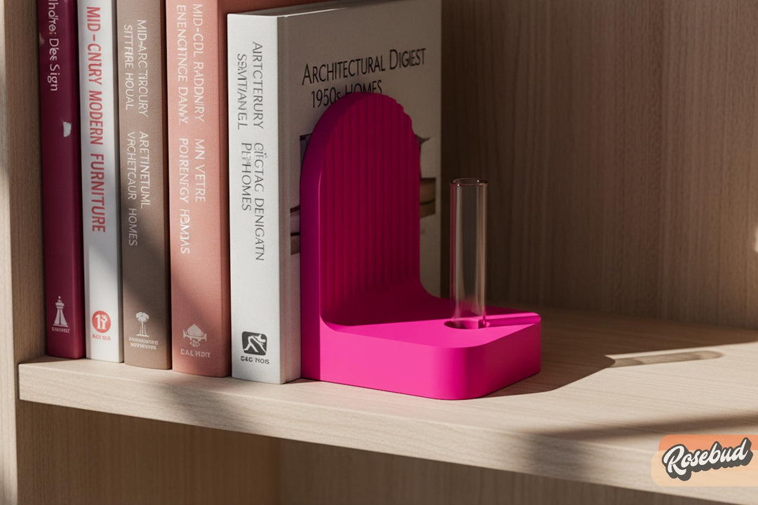 Ribbed bookend pair with arched fronts, deep pink and clear holders
