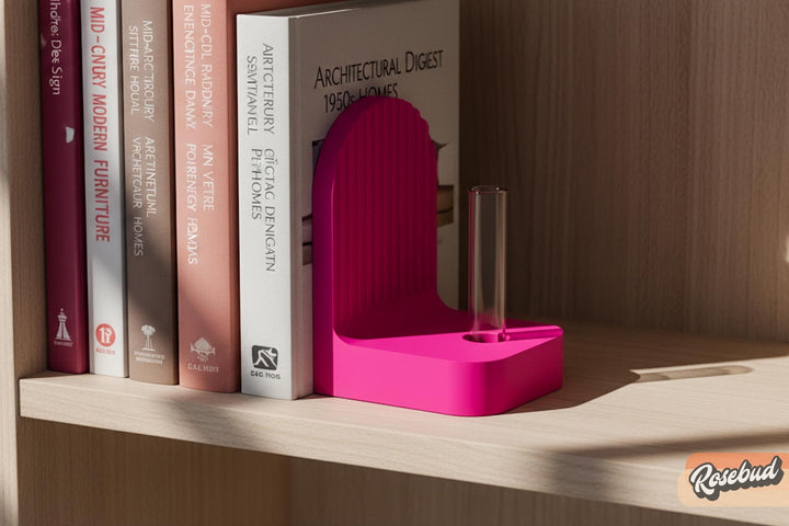 Ribbed bookend pair with arched fronts, deep pink and clear holders