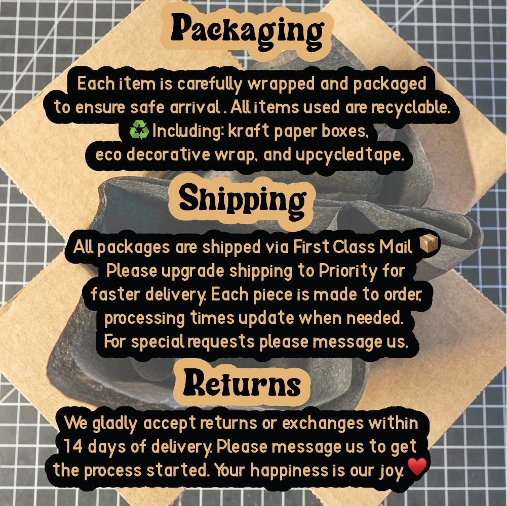 Brown kraft packaging insert with text about wrapping, shipping, and returns