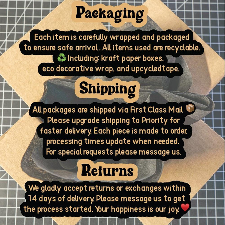 Brown kraft packaging insert with text about wrapping, shipping, and returns