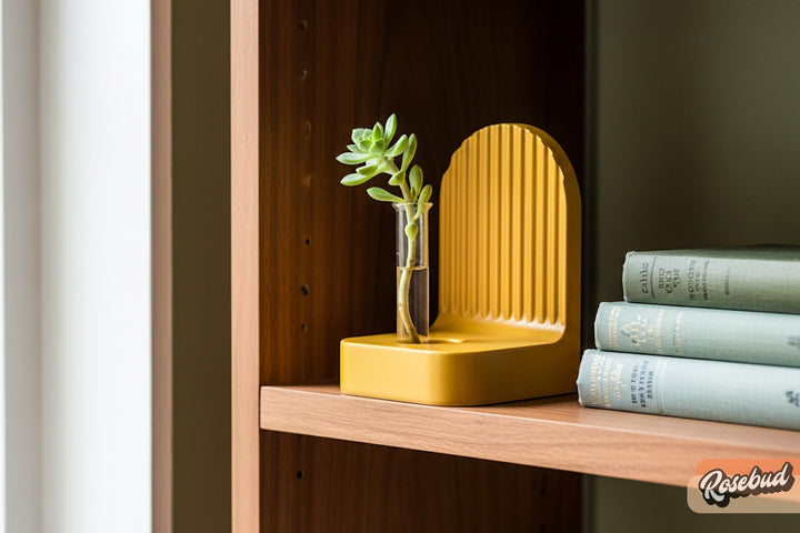 Gold ribbed arched bookend holding a small plant in a clear vase