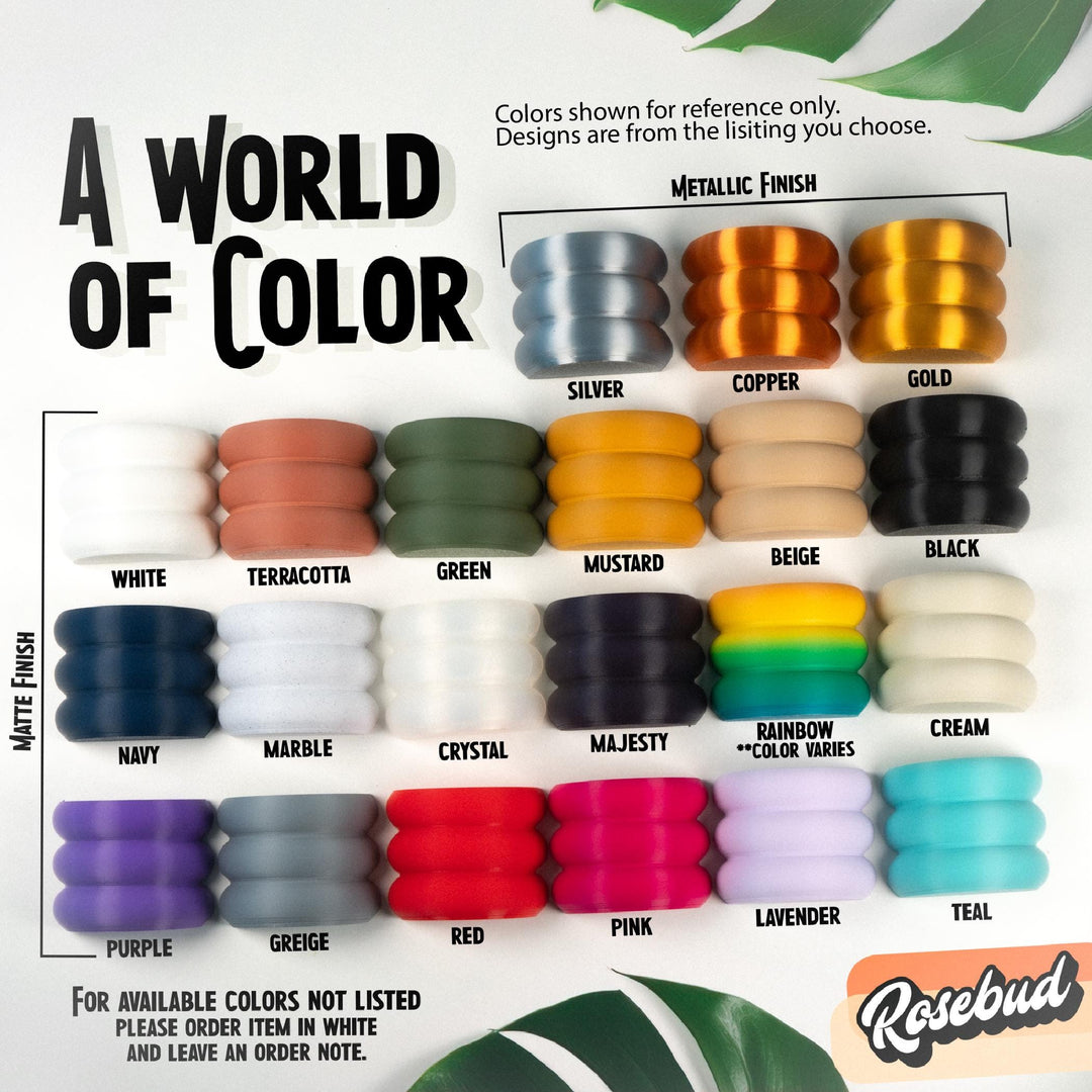 Ribbed arched bookend color swatches: silver, gold, copper, black, rainbow
