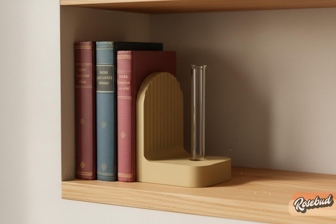 Brown ribbed arched bookend with a clear vase holding books on a shelf