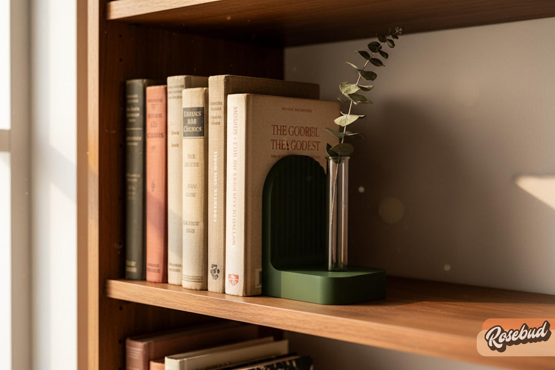 Green ribbed arched bookend on a shelf beside books