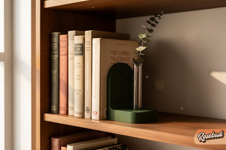 Green ribbed arched bookend on a shelf beside books