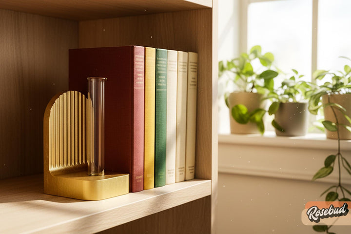 Gold ribbed arched bookend on a shelf with books